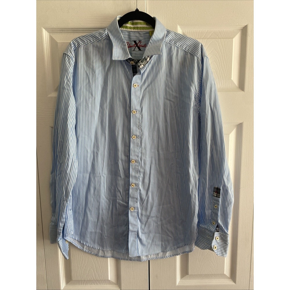 Robert Graham Tailored Fit Button Down Mens Size XL Blue White Striped Cotton